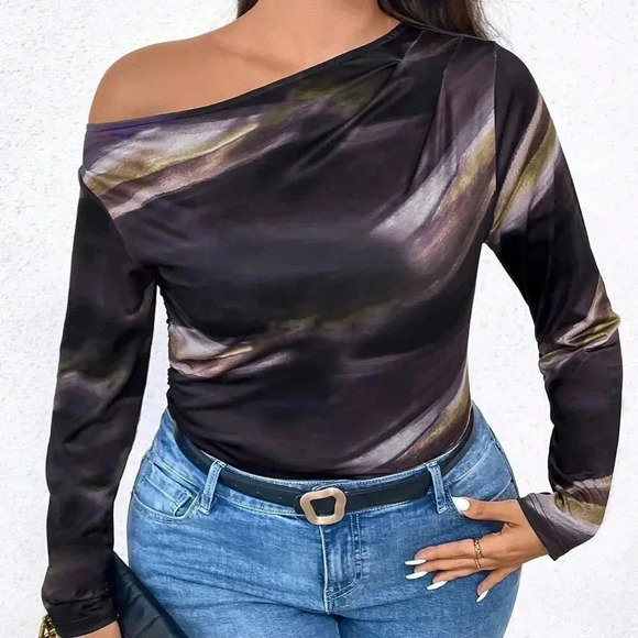 multicolor Casual Women's Plus Size Tie Dye Asymmetrical neck Shirt - Picture 4 of 6